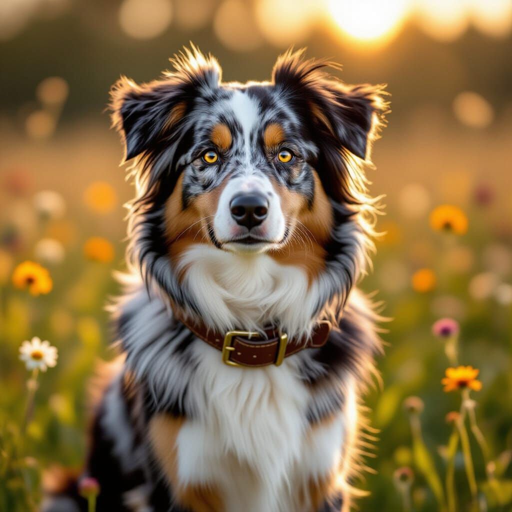 Australian Shepherd in Sun-Drenched Meadow: Hyperrealistic E...