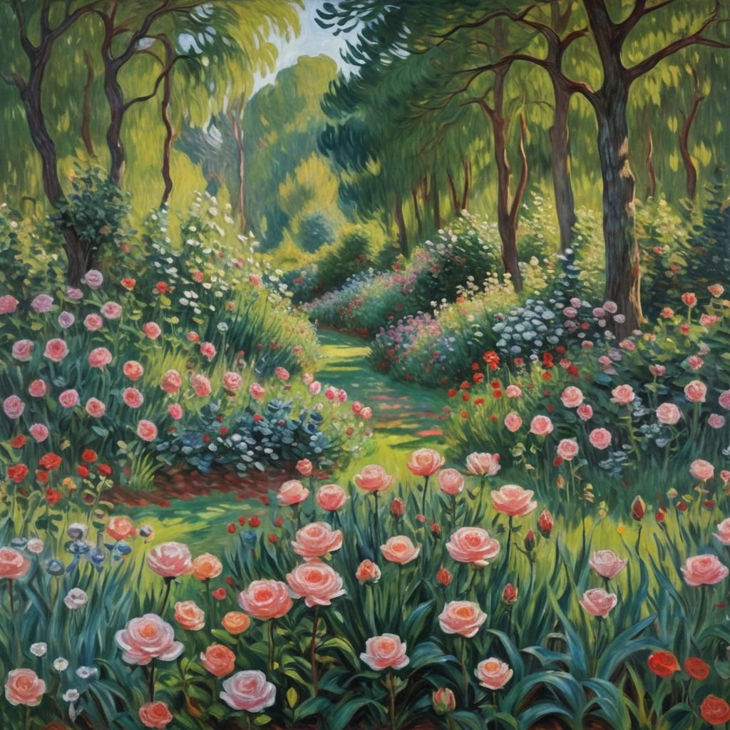 Moonlit Rose Garden Impressionist Painting