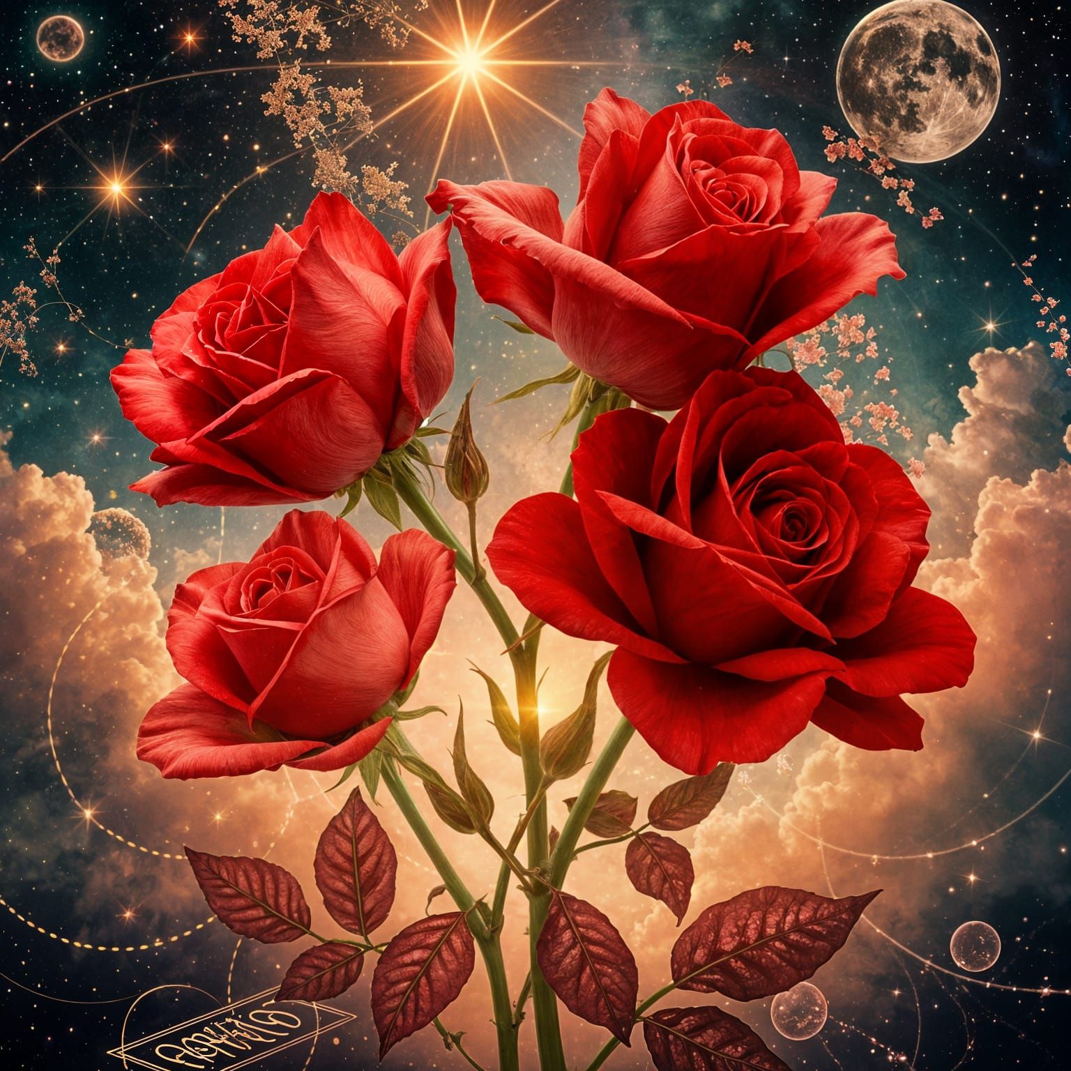 Art Nouveau Red Roses with Double Exposure Effect