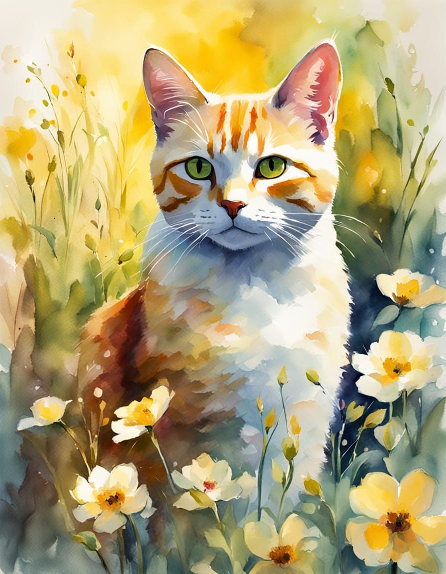 Whimsical Impressionist Watercolor of a Happy Yellow Cat