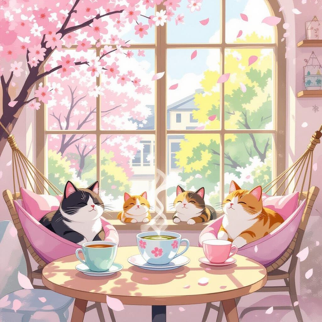 Sunlit Cat Cafe with Cherry Blossoms, Watercolor Style
