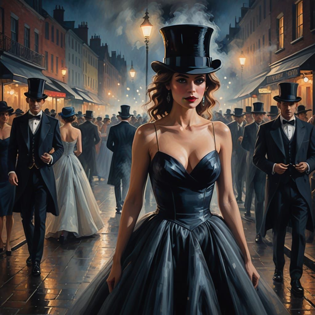 Expressionist Painting of Woman in Top Hat at Night Street P...