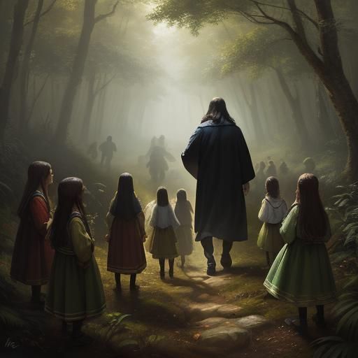 Jesus Leads Children Through Forest: Hyperrealistic Art