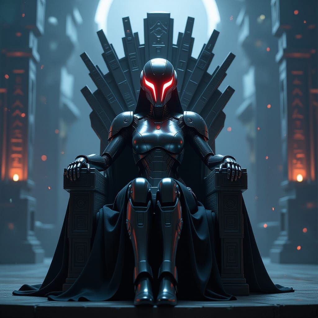 Robot Queen on Scrap Throne: Hyperrealistic Sci-Fi Art