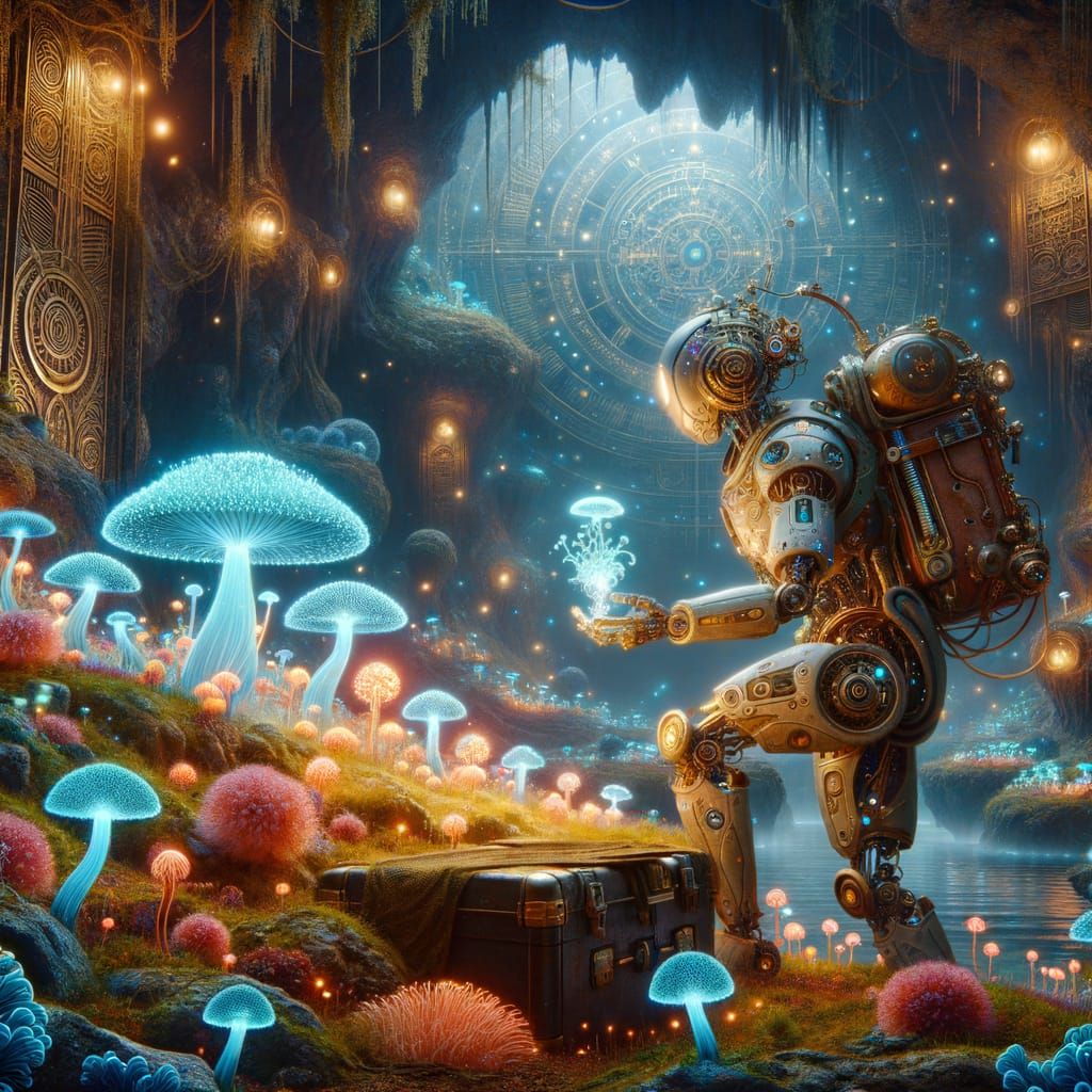 Steampunk Automaton Tends Bioluminescent Fungal Garden
