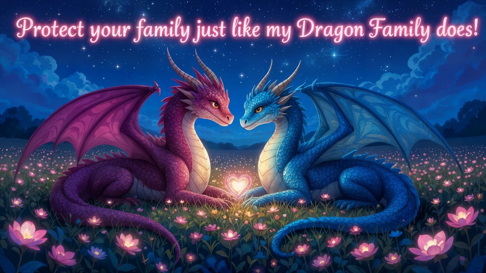 Magenta and Azure Dragons in Luminous Flower Field