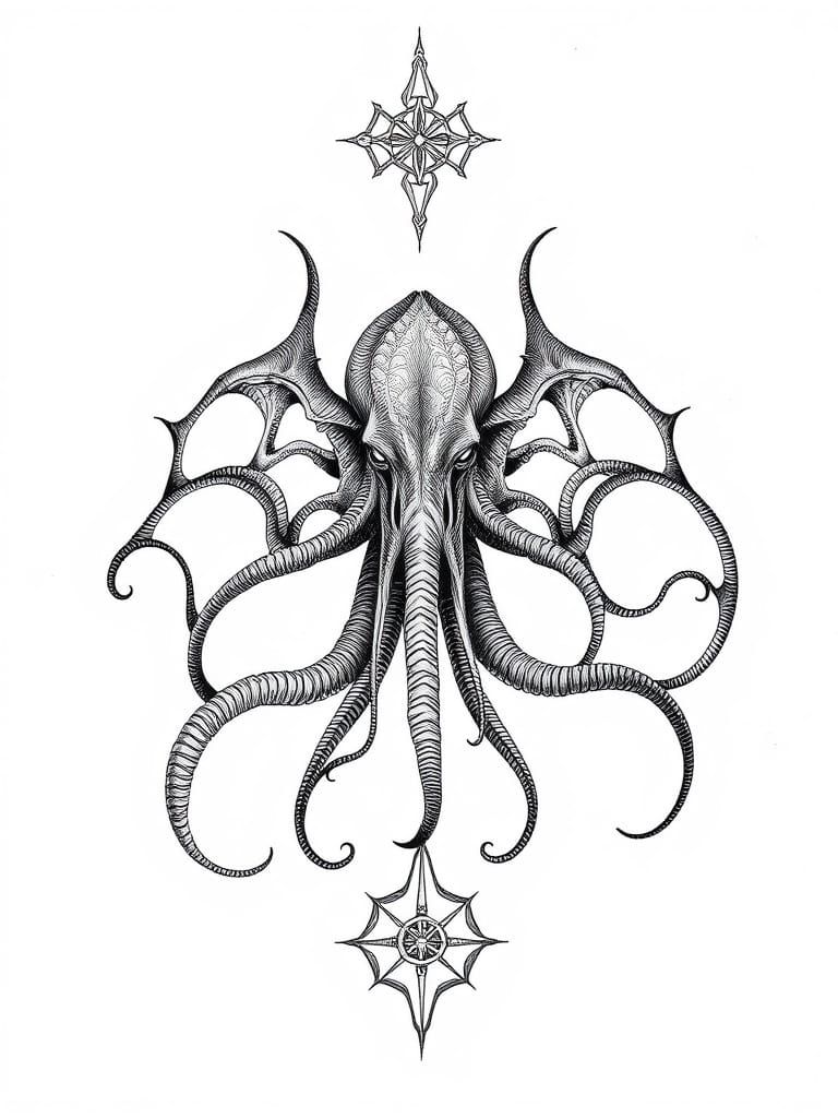 Cthulhu in Minimalist Black Line Art