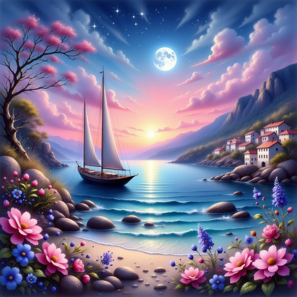 Twilight Painting of Boat Sailing Under Full Moon
