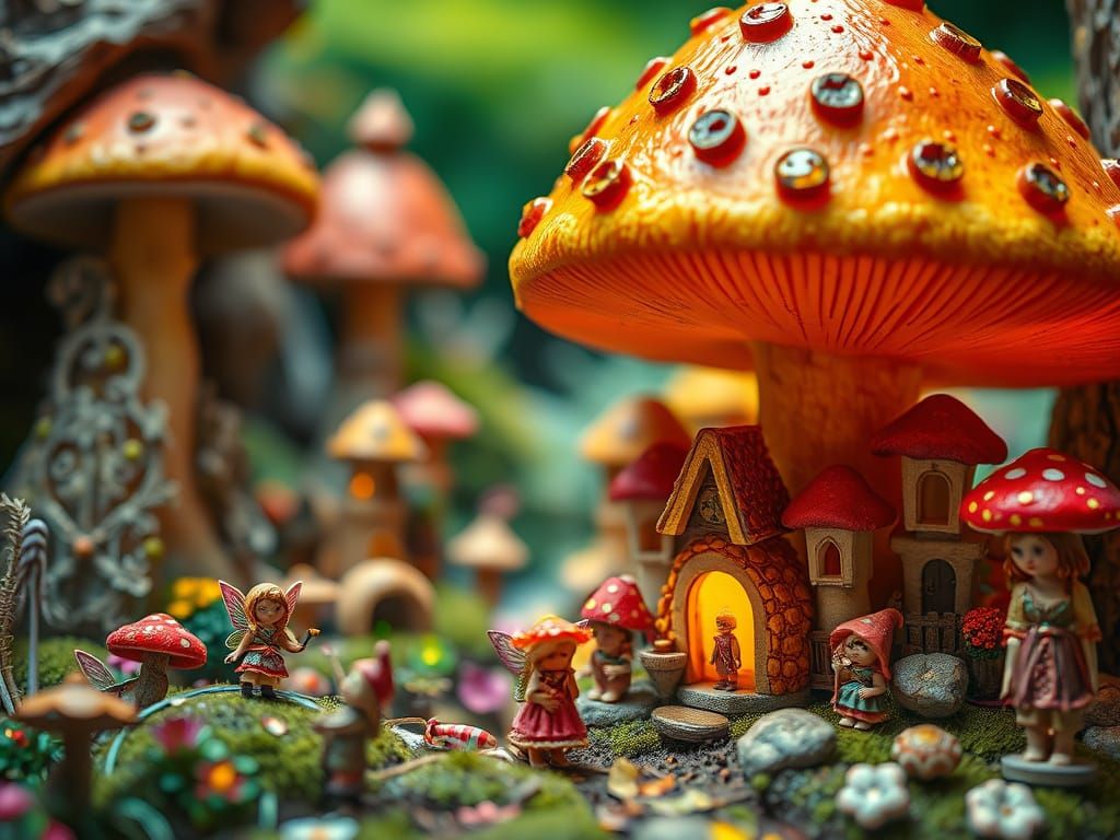 3D digital art Miniature fairies and elves living in a huge mushroom town. Intricate detail HD