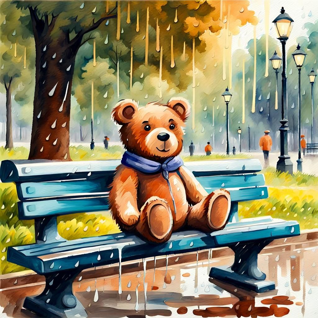 Cute Teddy Bear in Park: Gouache Watercolor Painting