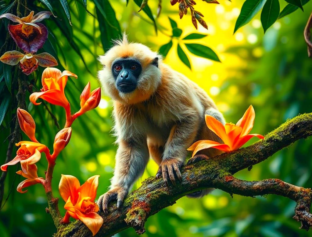 Exotic Rainforest Gibbon Perched on Lush Branch