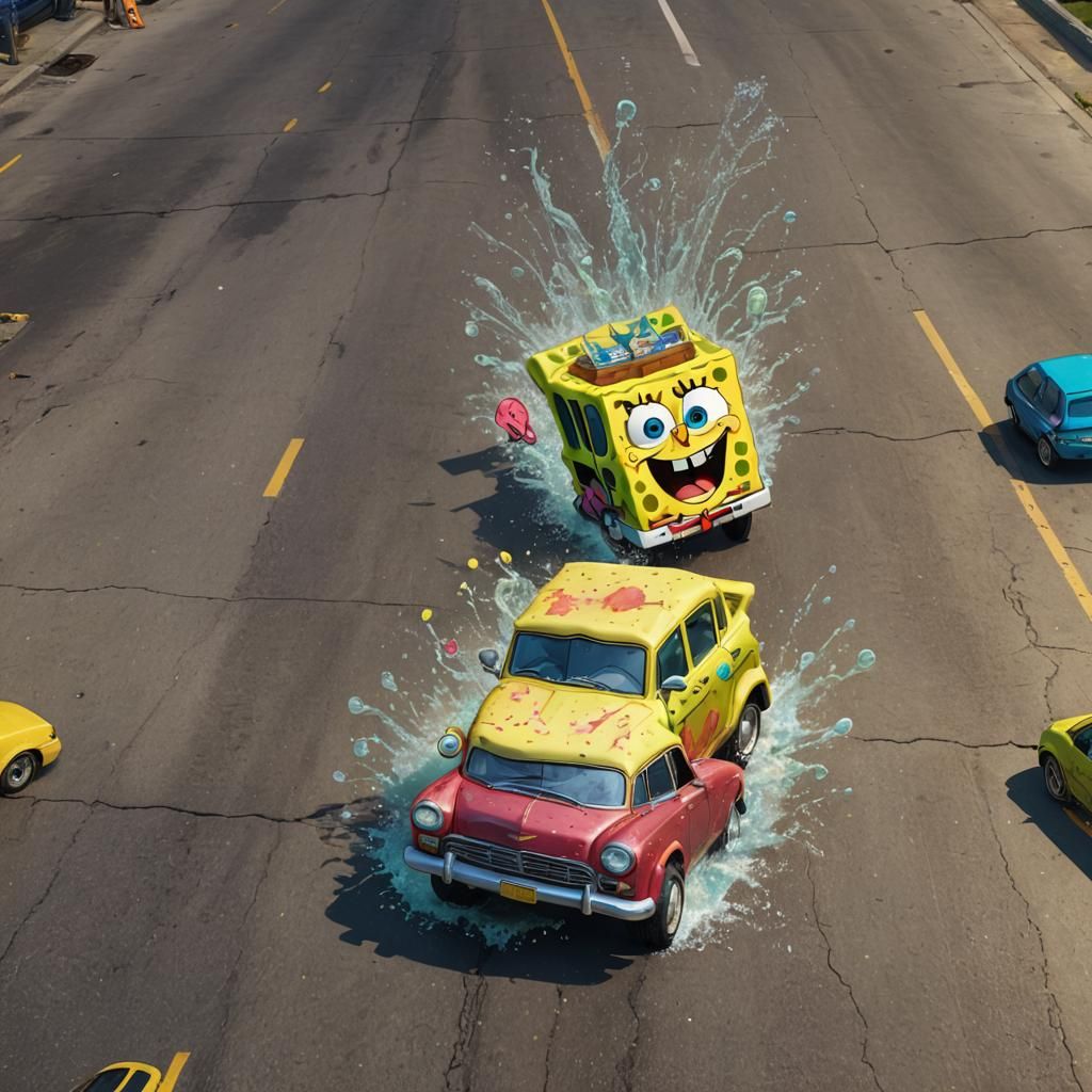 Spongebob Car Accident: Hyperrealistic Splash Art