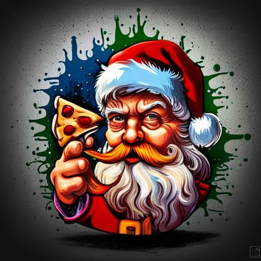 Colorful Graffiti Art of Santa Claus Eating Pizza