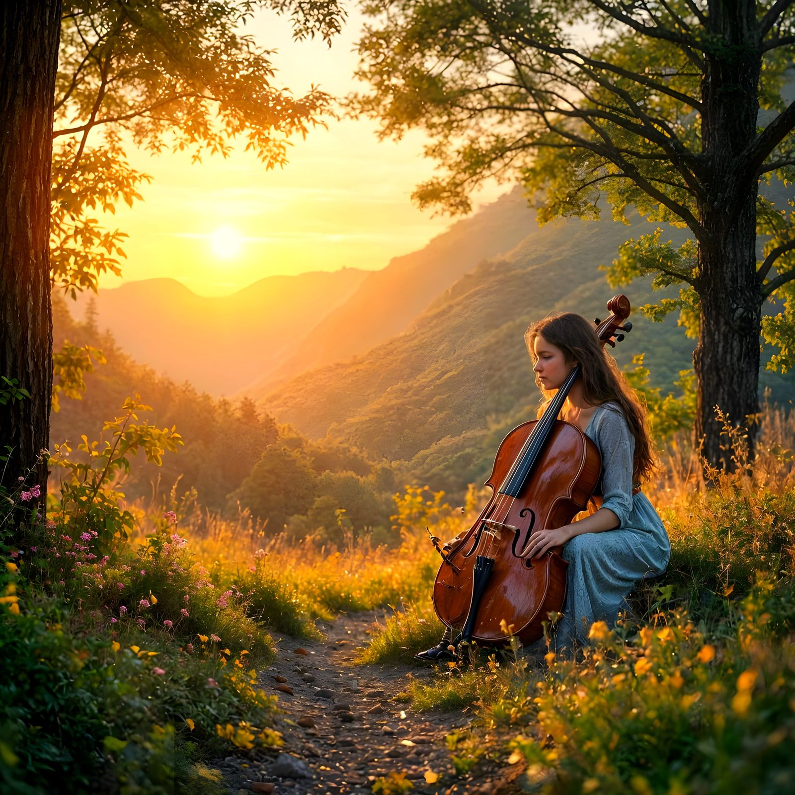 Enchanting Sunset Scene with Violinist in Majestic Landscape