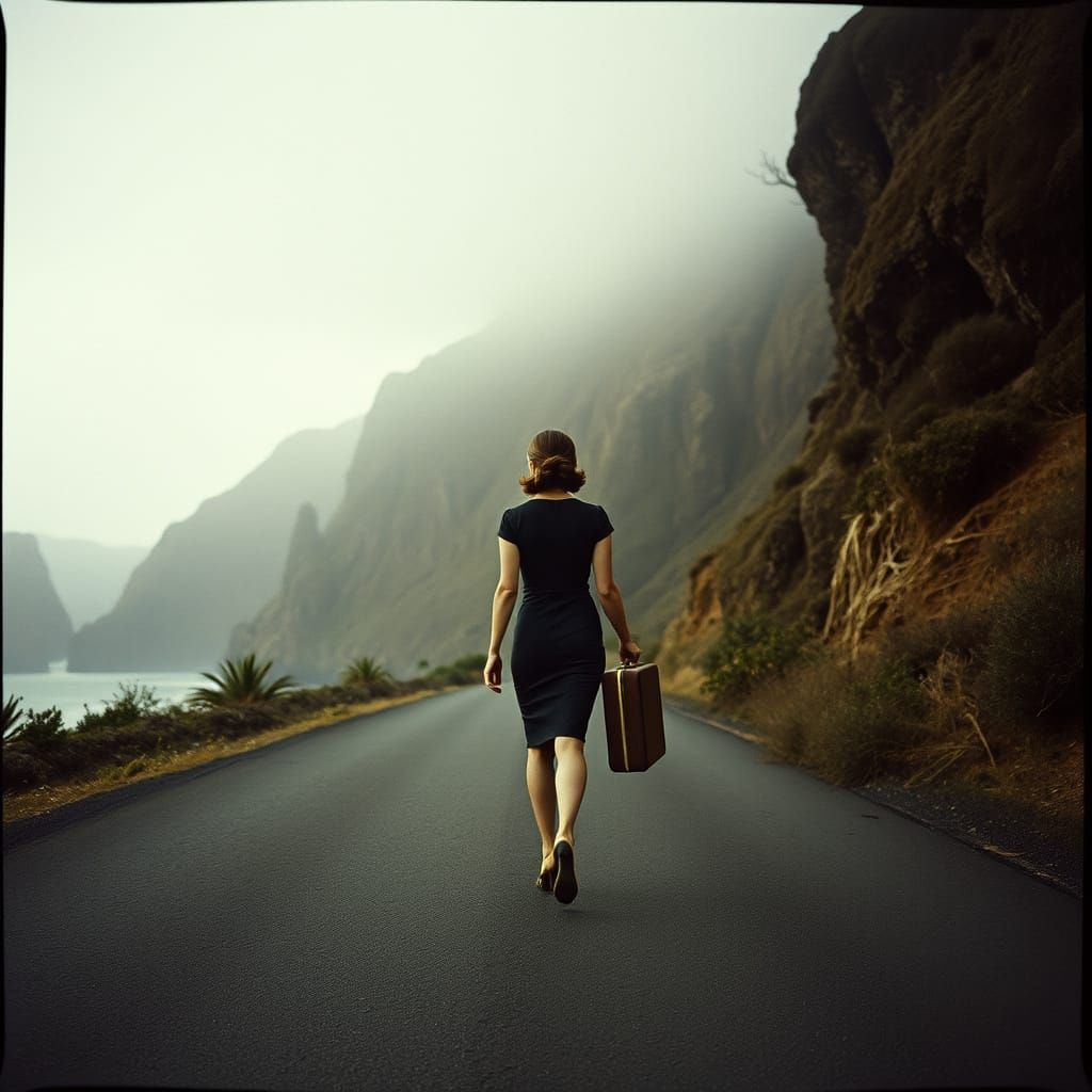 1950s Woman on Coastal Road in Film Noir Style