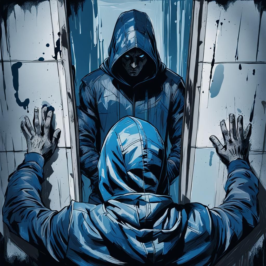 Cinematic Sketch of Hooded Man with Rockman Reflection