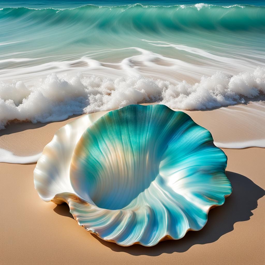 Giant Mother-of-Pearl Shell on Beach in Surreal Style