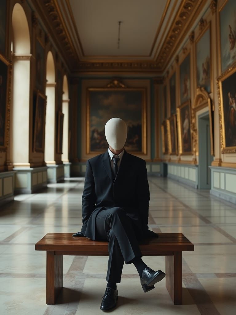 Faceless Man in Classical Museum Hall