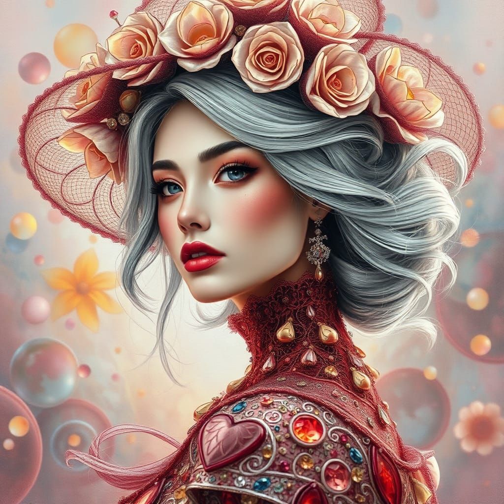 Elegant Woman with Crystal Flower Hat as Impasto Painting