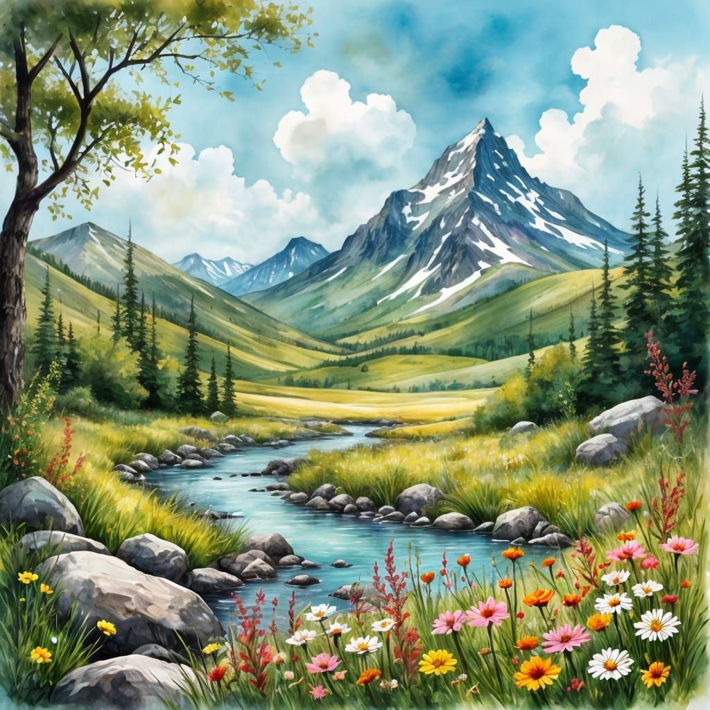 Vibrant Mountain River in Watercolor Style