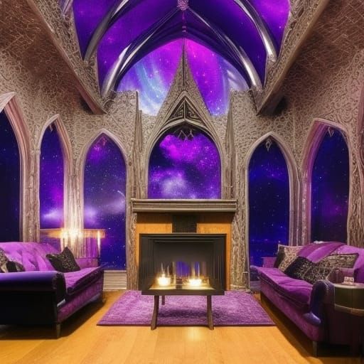 Magical wizard aurora borealis living room with Gothic high ceiling& purple&blue chandelier& cosmic Silver rugs& cosmic ...