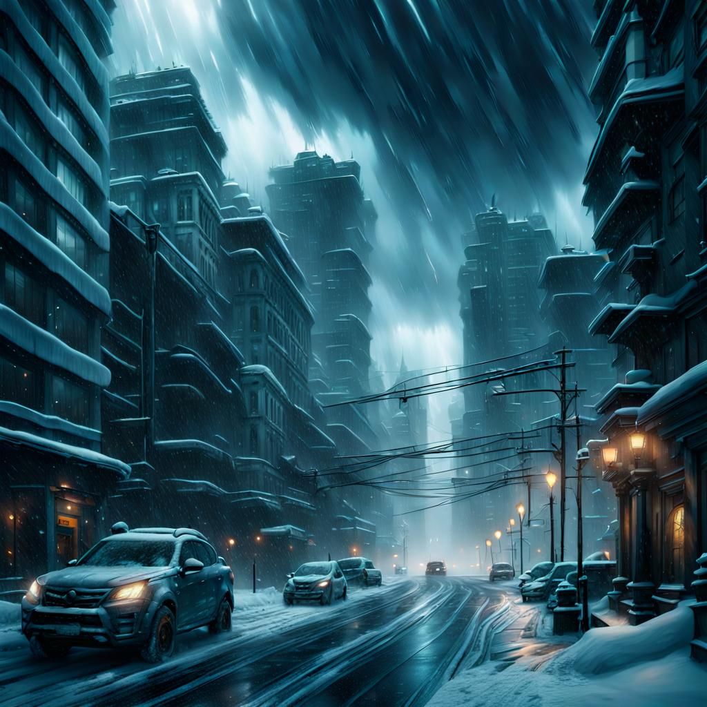 Winter Storm Sweeps City: Digital Matte Painting