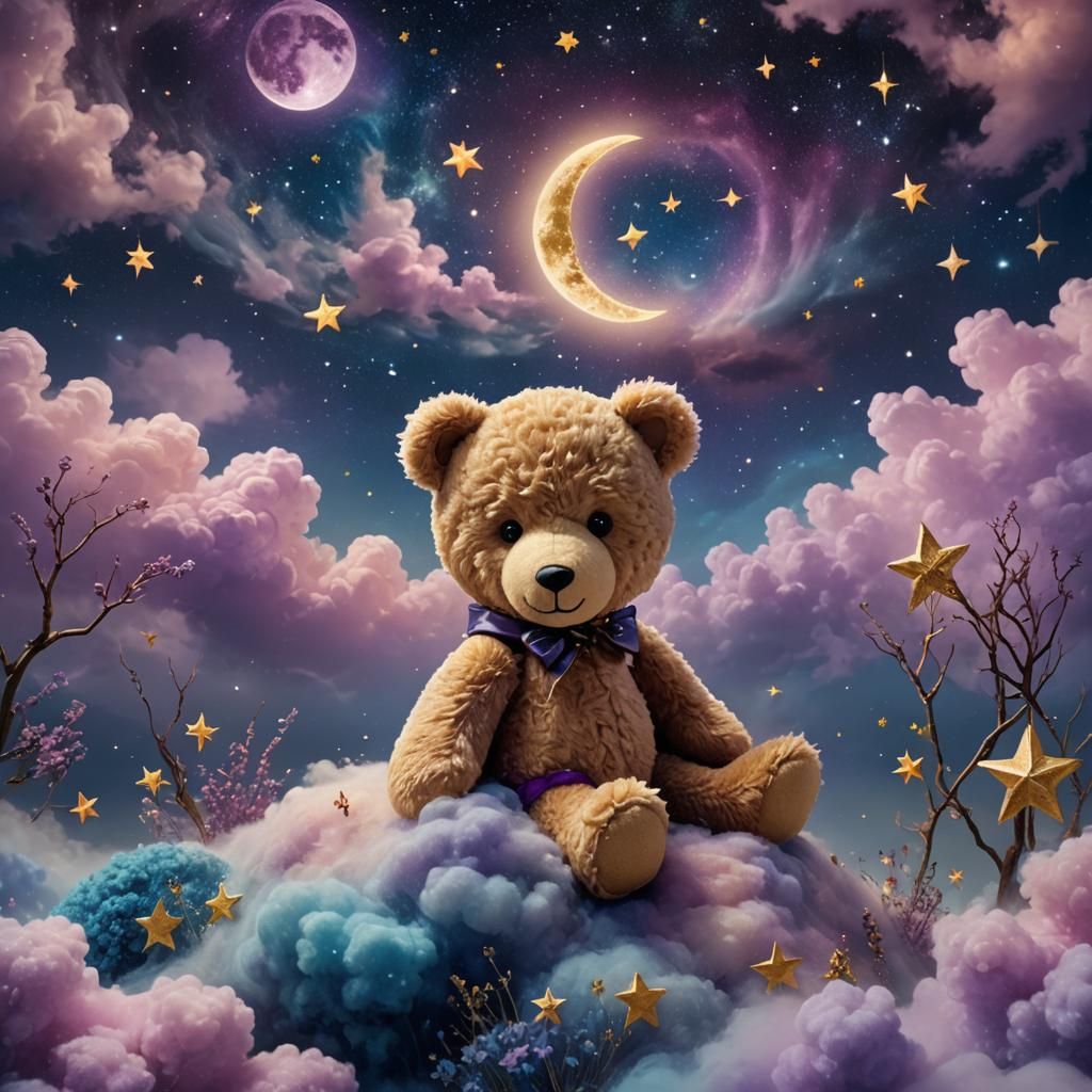 Dreamy Teddy Bear in Celestial Art Nouveau Landscape