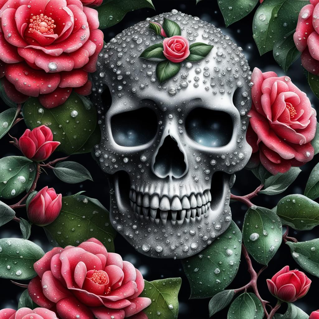 Diamond Skull with Dewy Flowers, Hyperrealistic Image