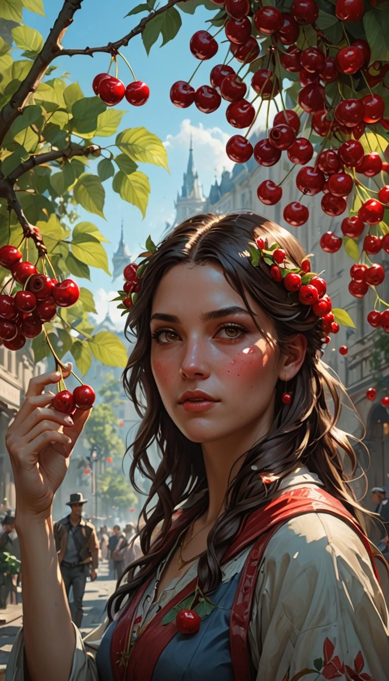 Woman Accepts Cherry Branch in Digital Art Style