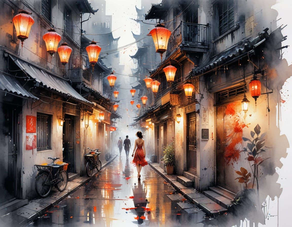 Ethereal Shanghai Alley in Watercolor Style