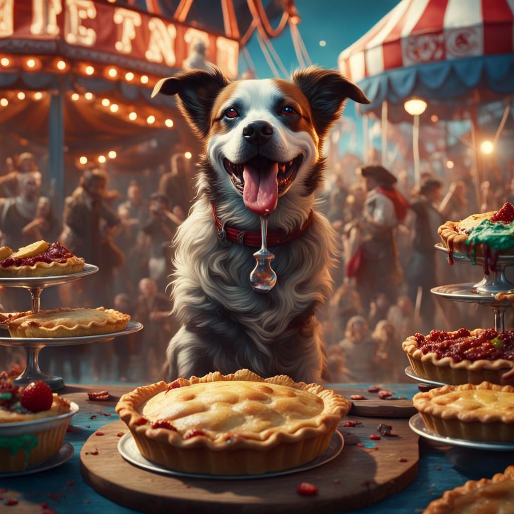Dog Eating Pie at Carnival: Detailed Matte Painting