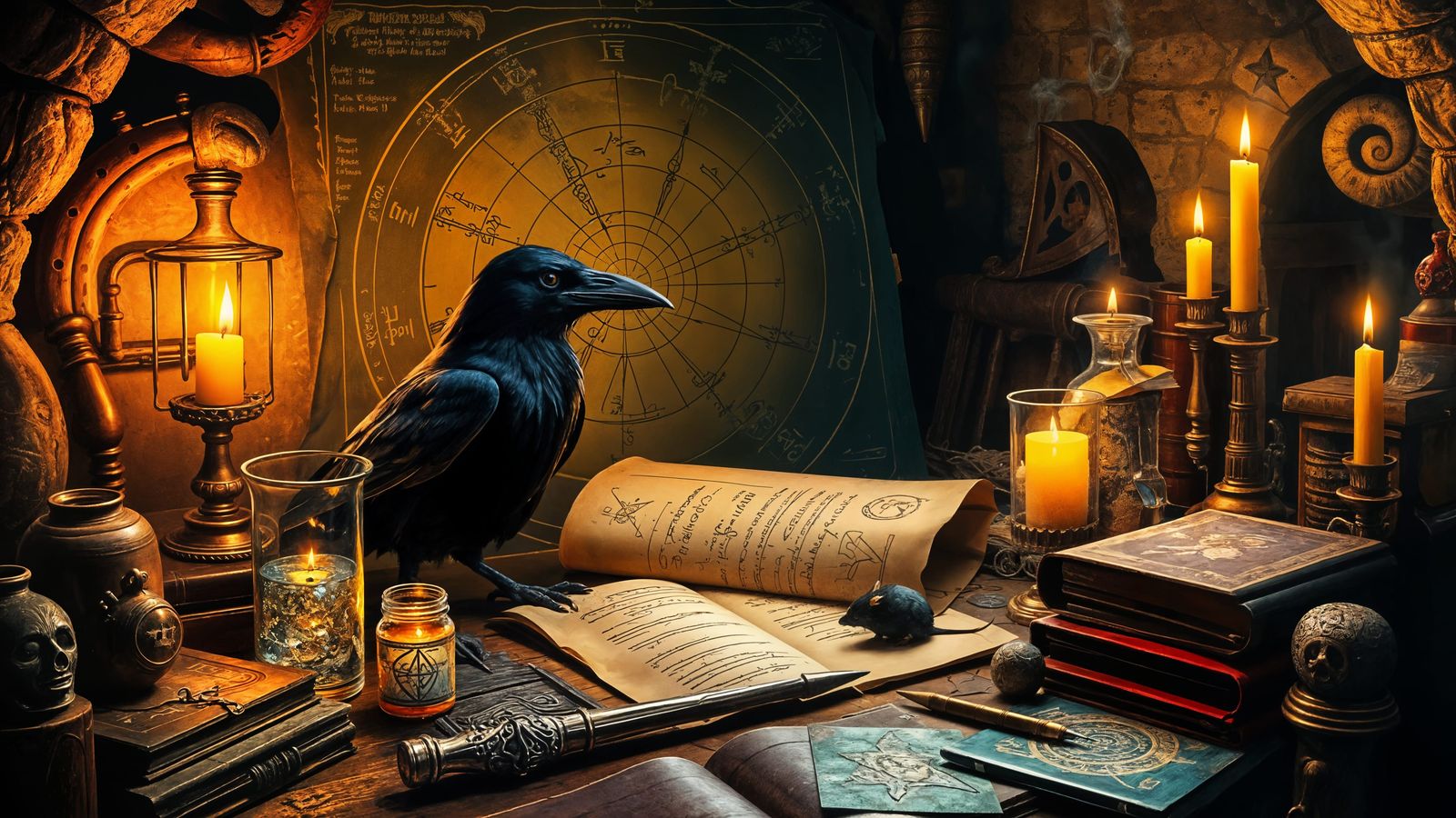 Surreal Wizard's Workspace in Giger-Rembrandt Style