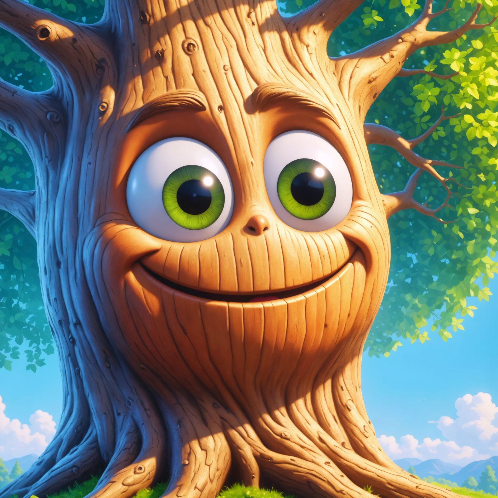 Friendly Tree Oil Painting Under a Blue Sky