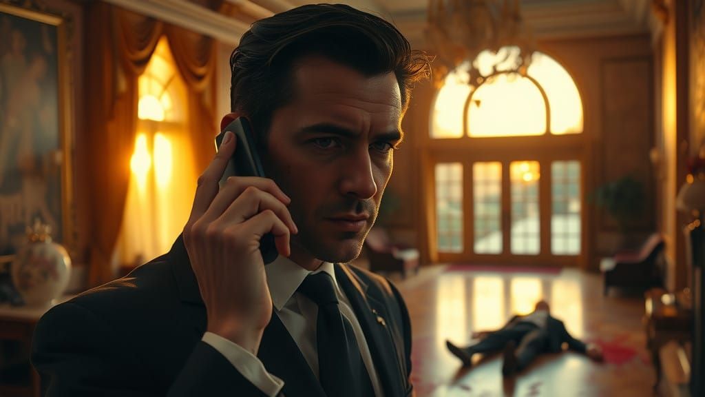 Serious Man in Dark Suit Confronts Bloody Scene