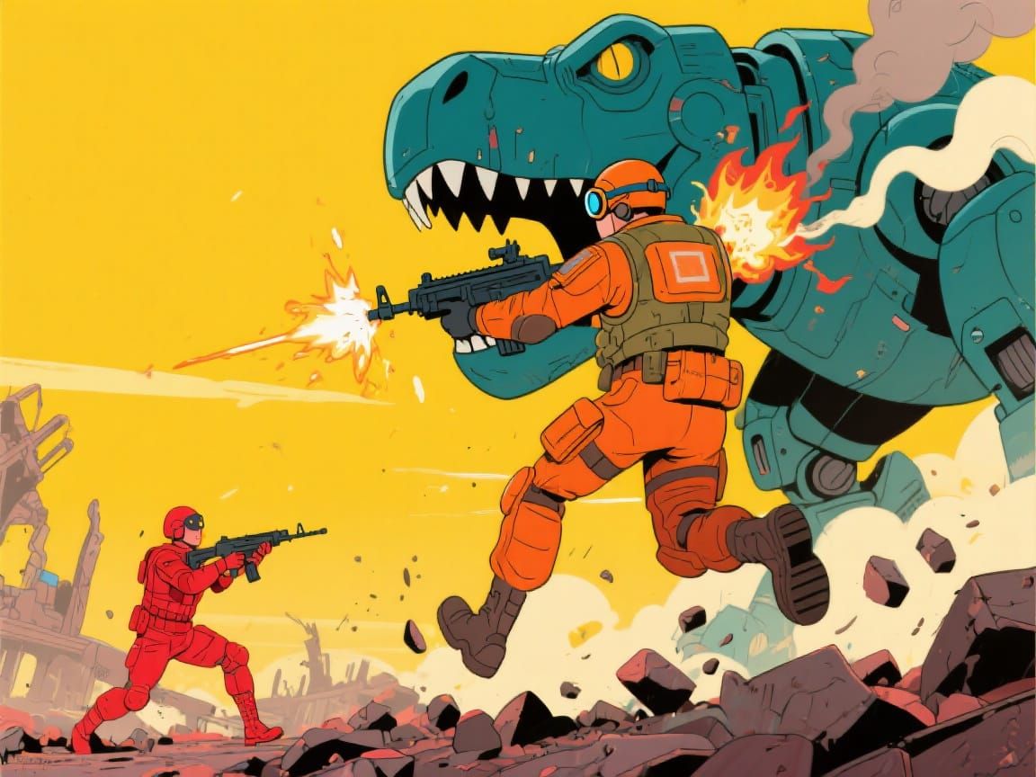 Robot Dinosaur War in Moebius Cartoon Style