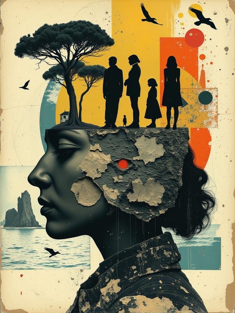 Silhouette Merging with Dreamy Landscape, Contexture Moody S...