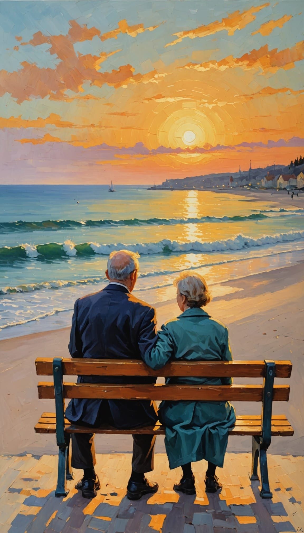 Elderly Couple at Sunset: An Impasto Oil Painting