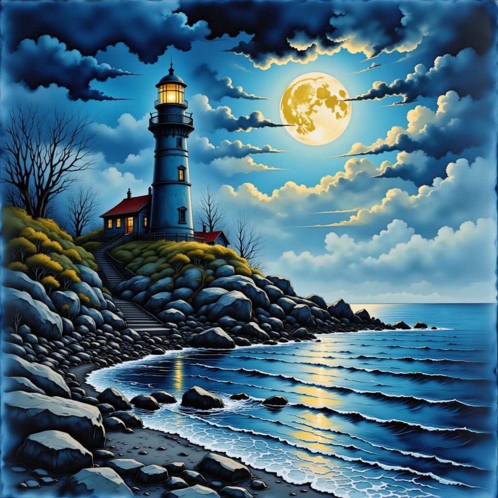 Full moon over a Lighthouse, modern ink painting, Insanely 8...