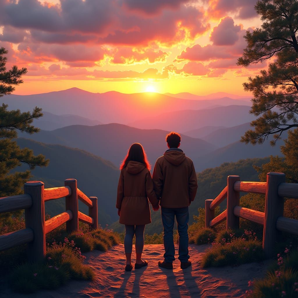 Sunset View: Hyperrealistic Couple in Blue Ridge Mountains
