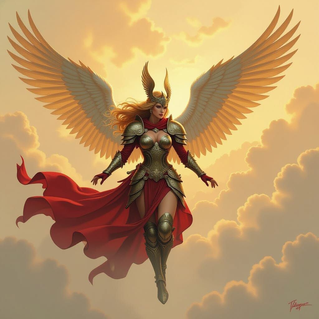 Valkyrie Soaring Through Golden Sky: Fantasy Art