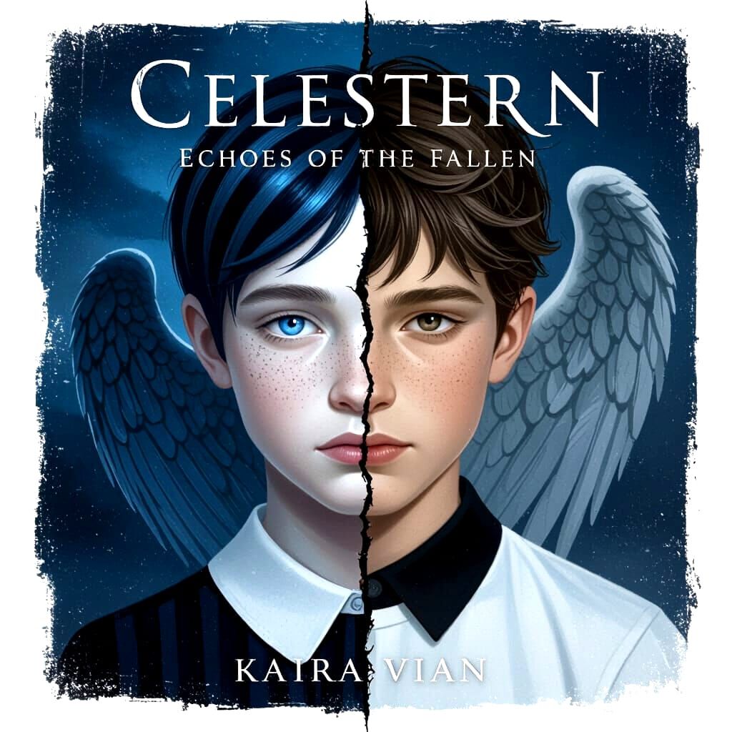 Epic Fantasy Book Cover with Dual Portraits and Angel Shadow