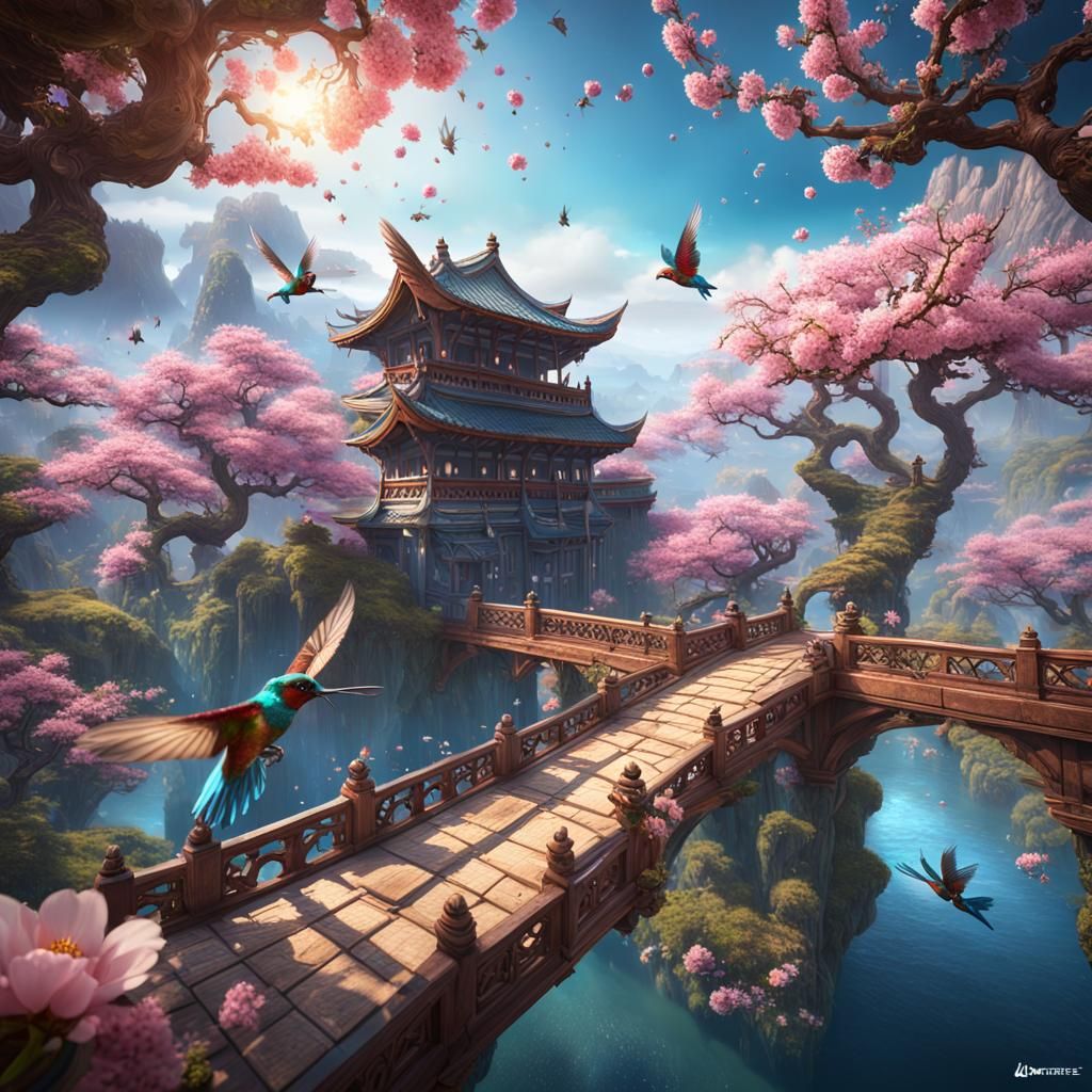 Cherry Blossom Branch with Hummingbird: Detailed Matte Paint...