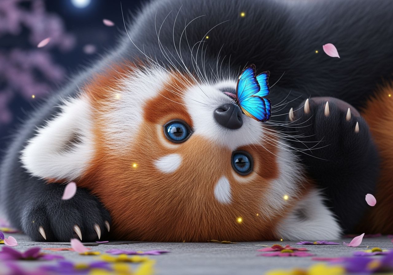 Cute Red Panda With Butterfly in Magical Night Garden