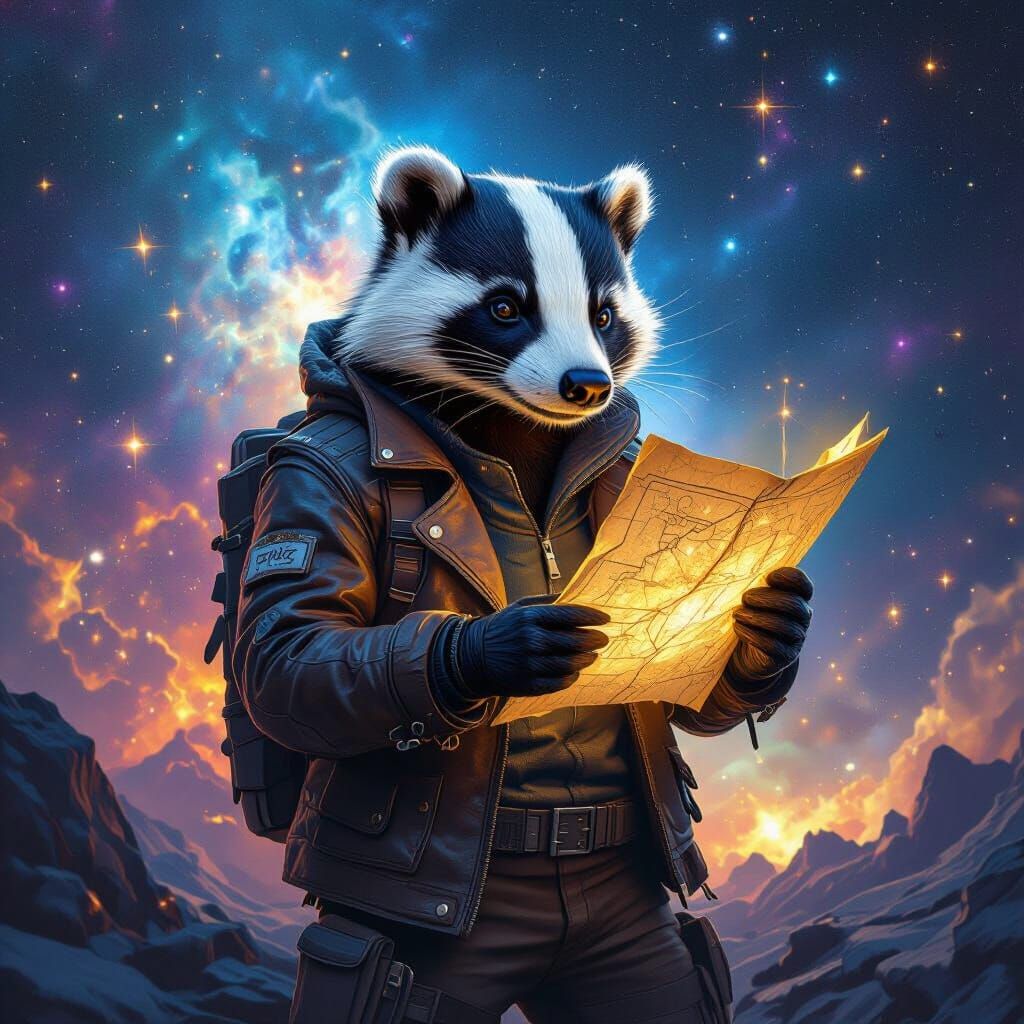 Badger Adventurer at Nebula's Edge in Cosmic Fantasy Style
