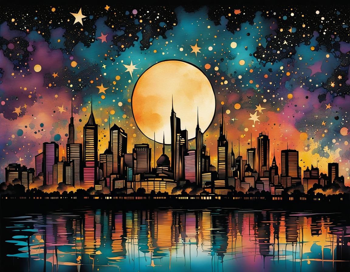 Inkpunk Cityscape on Lake with Colorful Ink Splashes