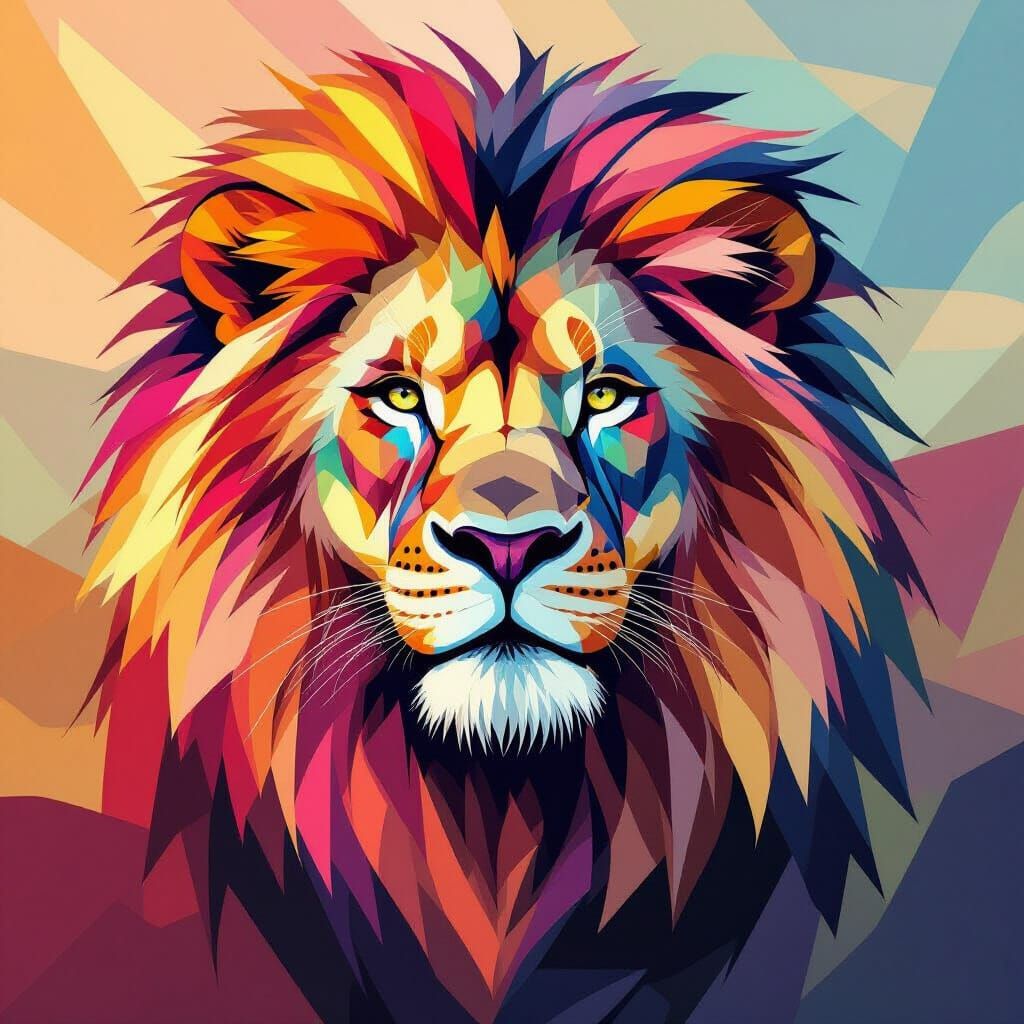 Geometric Lion: Art Deco Meets Fauvist Colors