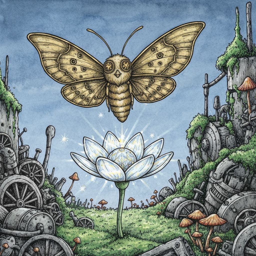 Steampunk Brass Moth in Twilight Scrapyard