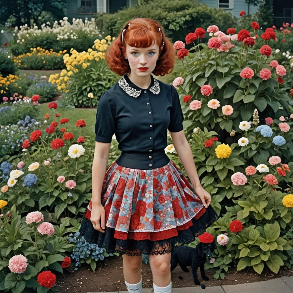 1950s Portrait of a Redhead in Flower Garden