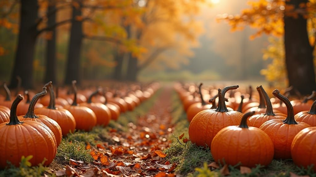 Rustic Autumn Scene with Falling Leaves and Pumpkins