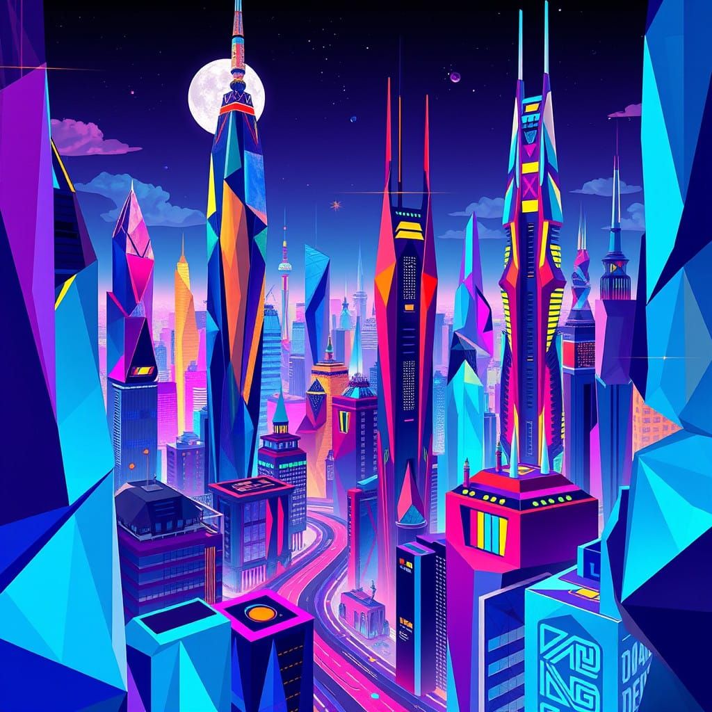 Vibrant Cubist Cityscape with Art Deco Accents and Geometric...